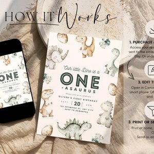 May include: Editable digital invitation template for a first birthday party with a dinosaur theme. The template features a watercolor illustration of dinosaurs and the text "Our little Dina is a ONE-ASAURUS Oliver's First Birthday Sept 20 135 Anywhere St. Any City RSVP to Samantha".