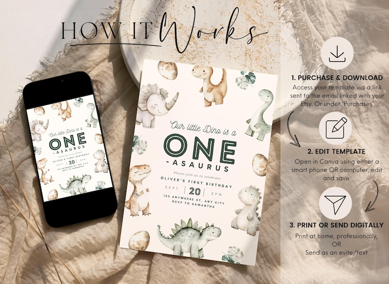 May include: Editable digital invitation template for a first birthday party with a dinosaur theme. The template features a watercolor illustration of dinosaurs and the text "Our little Dina is a ONE-ASAURUS Oliver's First Birthday Sept 20 135 Anywhere St. Any City RSVP to Samantha".