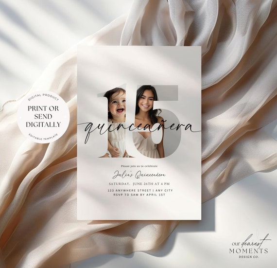 Editable Quinceañera Invitation Quinceanera Digital Invite 15th birthday Invite Printable Minimalist Modern Invitation with Picture Template