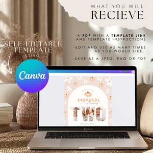 Puede incluir: Un ordenador port&aacute;til muestra una plantilla de invitaci&oacute;n digital con un tema de calabaza. El texto en la pantalla dice "Our Sister is turning TWO". La imagen tambi&eacute;n incluye el texto "SELF EDITABLE TEMPLATE USING Canva" y "WHAT YOU WILL RECIEVE".
