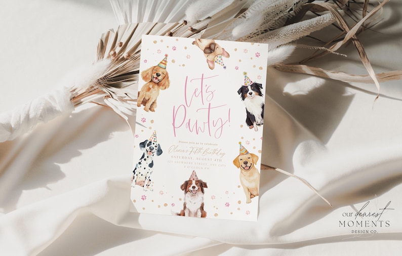 May include: A party invitation featuring watercolor illustrations of various dog breeds wearing party hats. The text "Let's Pawty!" is written in pink script. The invitation includes details for a birthday celebration.