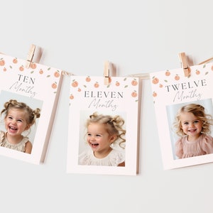 May include: A peach-themed baby milestone banner with photos of a baby girl at 10, 11, and 12 months old. The banner features a pink background with peach illustrations and the text "Ten Months", "Eleven Months", and "Twelve Months".