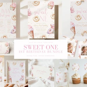 EDITABLE Sweet One Birthday Bundle First Birthday Girl Party Package She's a Sweet One 1st Birthday Invitation Donut Birthday Pink Digital