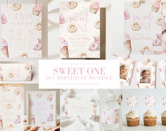 May include: A printable set of pink and gold first birthday party decorations with a donut and ice cream theme. The set includes a welcome sign, a banner, cupcake toppers, a thank you card, a water bottle label, and a favor tag. The text on the sign reads "Sweet One".