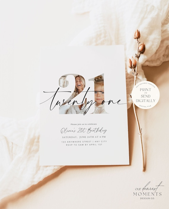Editable 21st Birthday Invitation 21 st Birthday Invite Template Twenty One Birthday Party Minimalist Boho Digital Download Printable