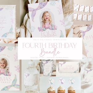 Peut inclure: Ensemble de fournitures de fête sur le thème des sirènes, comprenant des invitations, des bannières et des étiquettes. Les motifs présentent des illustrations à l'aquarelle de queues de sirènes, de coraux et le texte "Fourth Birthday Bundle". La palette de couleurs comprend du rose pastel, du violet et du sarcelle.