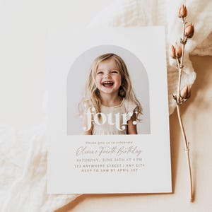 Puede incluir: Una tarjeta de invitaci&oacute;n blanca con una foto de una ni&ntilde;a sonriendo. La tarjeta dice "cuatro" en una fuente grande, blanca y estilizada. El texto "Olivia's Fourth Birthday" est&aacute; escrito en cursiva en un color rosa claro. La invitaci&oacute;n detalla la fecha, la hora, la ubicaci&oacute;n y la informaci&oacute;n de RSVP.