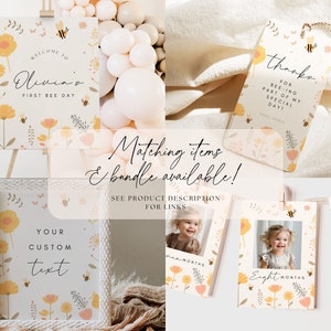 Pu&ograve; includere: Un set di decorazioni per baby shower stampabili con tema di api e fiori. Le decorazioni includono un cartello di benvenuto, un'etichetta di ringraziamento, una carta di pietra miliare e un cartello di testo personalizzato. Le decorazioni sono in giallo, rosa e bianco.