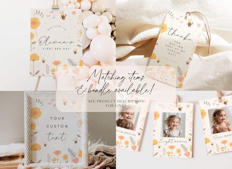 Pu&ograve; includere: Un set di decorazioni per baby shower stampabili con tema di api e fiori. Le decorazioni includono un cartello di benvenuto, un'etichetta di ringraziamento, una carta di pietra miliare e un cartello di testo personalizzato. Le decorazioni sono in giallo, rosa e bianco.