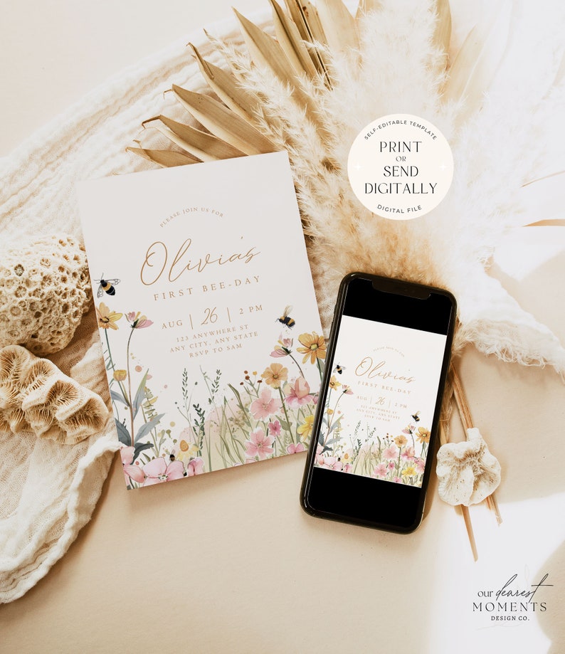 First Bee Day Birthday Invitation 1st Bee-Day Party Invite First Birthday Boho Invitation Bumble Bee Invite 1st Birthday Invite for Girl bild 4