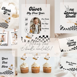 May include: A collection of party stationery featuring a ghost on a skateboard, black and white checkered patterns, and the text One Spooky Dude. Includes thank you tags, milestone posters, cupcake toppers, and labels with customizable text fields.