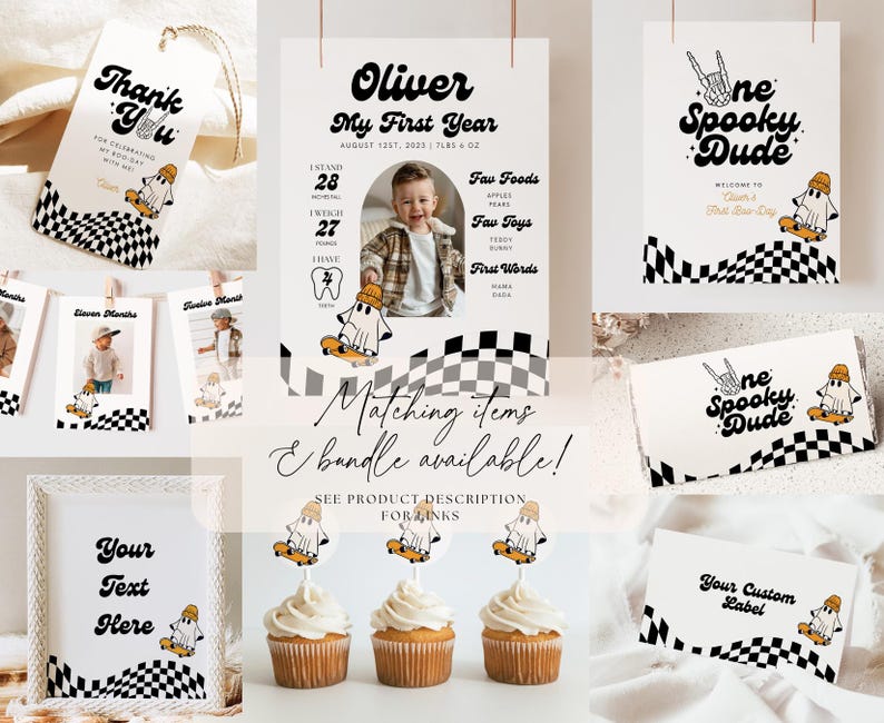 May include: A collection of party stationery featuring a ghost on a skateboard, black and white checkered patterns, and the text One Spooky Dude. Includes thank you tags, milestone posters, cupcake toppers, and labels with customizable text fields.