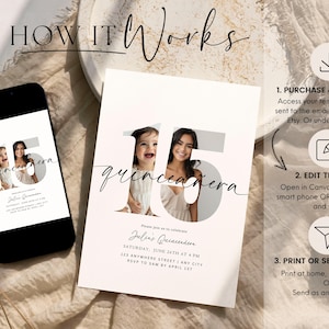 May include: A quincea&ntilde;era invitation design featuring the number 15 with two photos and the word "quincea&ntilde;era" in script. The invitation is displayed on a smartphone and a printed card, with instructions for purchase, editing, and printing.