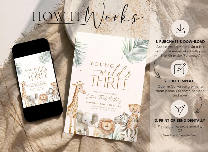 May include: Editable digital invitation template for a child's third birthday party. The invitation features a jungle theme with a giraffe, zebra, lion, and elephant illustrations. The text reads "Young Wild & Three" and includes the date and time of the party.