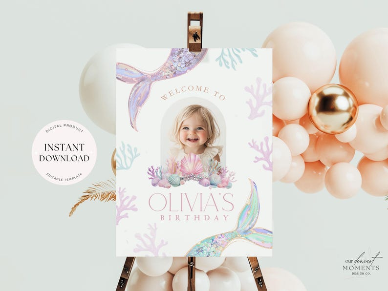 May include: A printable welcome sign for a mermaid-themed birthday party. The sign features a purple mermaid tail, a photo frame with a girl's picture, and the text "Welcome to Olivia's Birthday".