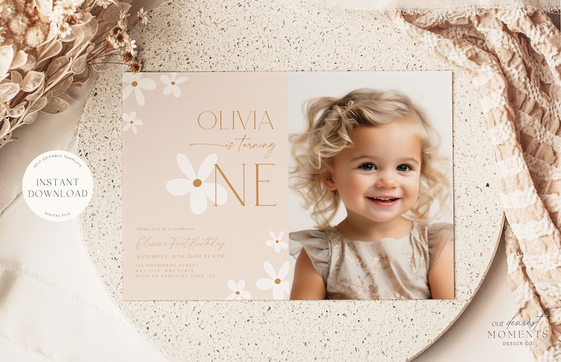 Boho Daisy Party Invitation Premier anniversaire Inviter Boho Party Invite Anniversaire Inviter pour les filles Daisy Anniversaire Thème 1er anniversaire Inviter image 3