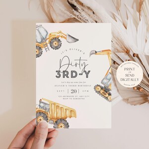 May include: A printable invitation for a child's 3rd birthday party. The invitation features a watercolour illustration of construction vehicles, including a yellow dumper truck and a yellow excavator. The text on the invitation reads "It's Oliver's Dirty 3rd-Y" and includes details about the party, such as the date, time, and location. The invitation also includes the text "Print or Send Digitally".