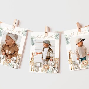 May include: Three printable cards with jungle animal illustrations and a photo frame for each month. The cards say "Seven Months", "Eight Months", and "Nine Months".