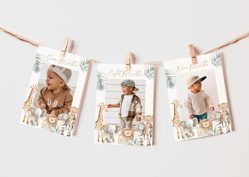 May include: Three printable cards with jungle animal illustrations and a photo frame for each month. The cards say "Seven Months", "Eight Months", and "Nine Months".