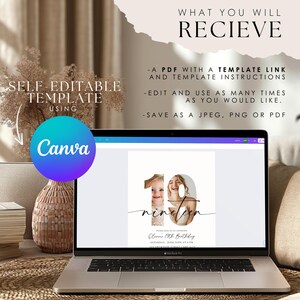 May include: A digital template for a birthday invitation with a photo of two people in the number 19. The text reads "nineteen" and "Claire's 19th Birthday". The template is editable using Canva.