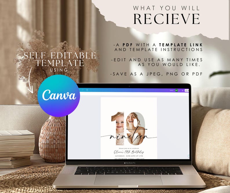 May include: A digital template for a birthday invitation with a photo of two people in the number 19. The text reads "nineteen" and "Claire's 19th Birthday". The template is editable using Canva.
