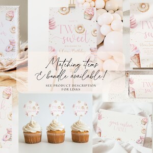 K&ouml;nnte beinhalten: Ein Satz druckbarer Partydekorationen f&uuml;r einen zweiten Geburtstag mit Donut- und Cupcake-Thema. Die Dekorationen beinhalten ein Willkommenszeichen, ein Dankesch&ouml;n-Etikett, Cupcake-Topper, ein Wasserflaschenetikett und ein Schild mit der Aufschrift "Ihr individuelles Schild".