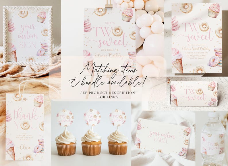 K&ouml;nnte beinhalten: Ein Satz druckbarer Partydekorationen f&uuml;r einen zweiten Geburtstag mit Donut- und Cupcake-Thema. Die Dekorationen beinhalten ein Willkommenszeichen, ein Dankesch&ouml;n-Etikett, Cupcake-Topper, ein Wasserflaschenetikett und ein Schild mit der Aufschrift "Ihr individuelles Schild".