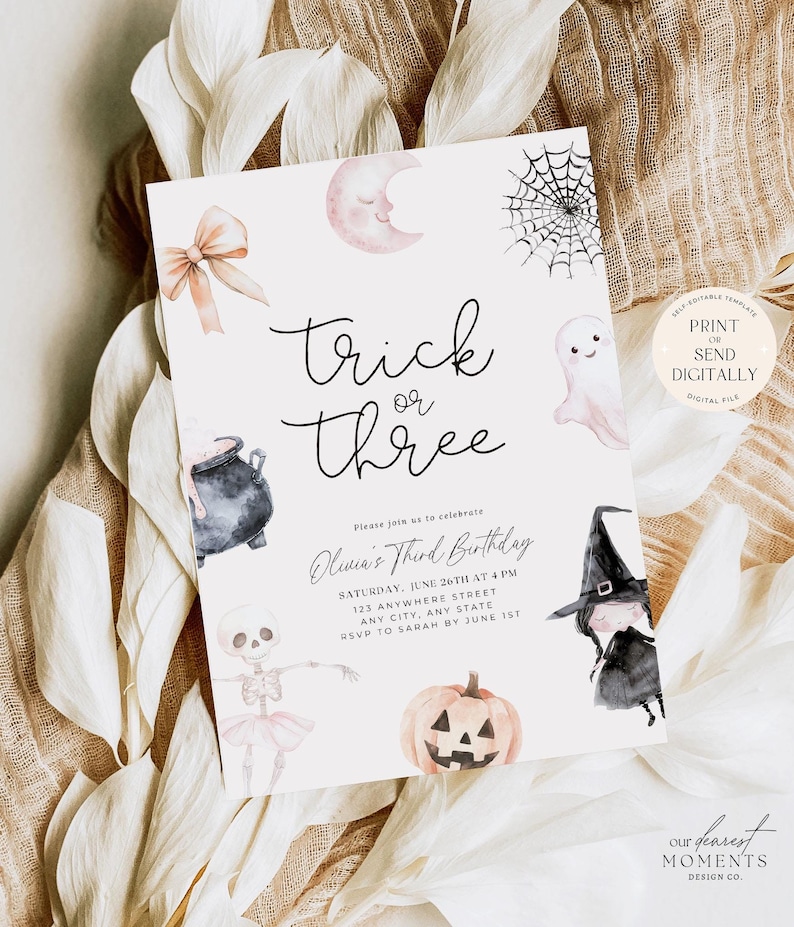 May include: A printable Halloween party invitation with a watercolour design featuring a ghost, a witch, a pumpkin, a skeleton, a cauldron, a moon, and a spider's web. The invitation says "Trick or Three" and includes the text "Olivia's Third Birthday".