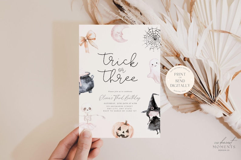 May include: Printable Halloween party invitation with a watercolour design featuring a cauldron, a ghost, a spiderweb, a skeleton, a witch, and a pumpkin. The text on the invitation reads "Trick or Three" and "Oliver's Third Birthday".