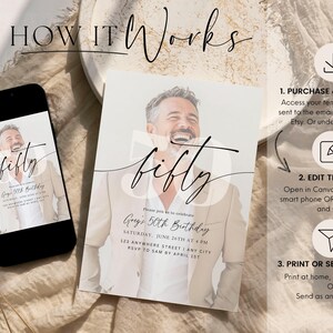 May include: A digital birthday invitation template displayed on a smartphone and a printed card. The design features a photo of a smiling person, the word fifty in script, and event details. Text includes HOW IT WORKS, 1. PURCHASE & DOWNLOAD, 2. EDIT TEMPLATE, and 3. PRINT OR SEND DIGITALLY.