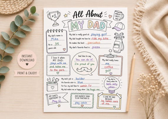 PRINTABLE Father's Day Printable All About My Dad Coloring Page Questionnaire Fathers Day Gift School Kids Instant Digital (PDF Download)
