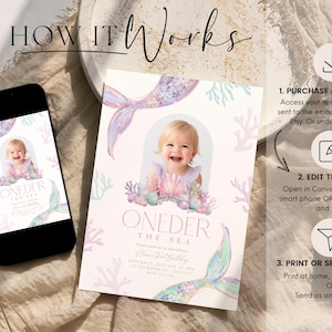 May include: A printable invitation template for a first birthday party with a mermaid theme. The invitation features a mermaid tail, seashells, and coral. The text on the invitation reads "ONEDER THE SEA".