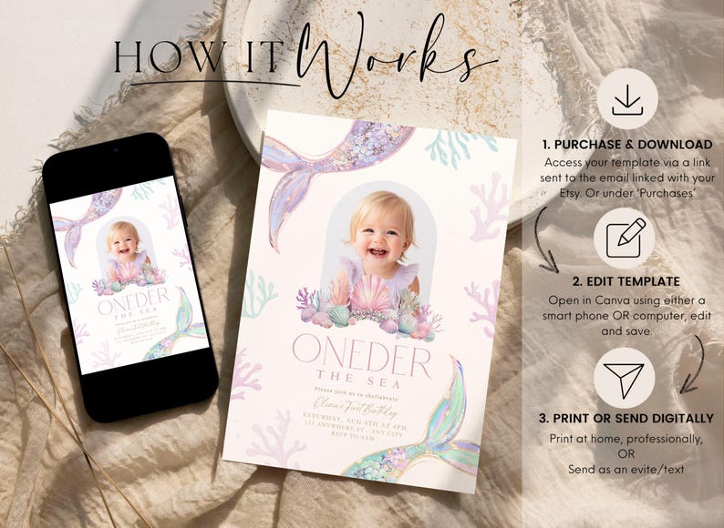May include: A printable invitation template for a first birthday party with a mermaid theme. The invitation features a mermaid tail, seashells, and coral. The text on the invitation reads "ONEDER THE SEA".