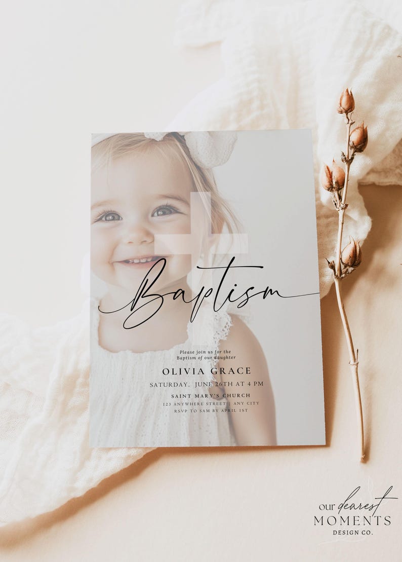 May include: Baptism invitation featuring a smiling child with a white bow. The invitation includes the name Olivia Grace, date, time, and location. The design is elegant with a soft, neutral color palette and delicate script font.