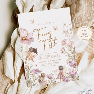 May include: Printable invitation for a fairy-themed fifth birthday party. The invitation features a watercolor illustration of fairies and flowers with the text "It's Olivia's Fairy Fifth" and details for the party.