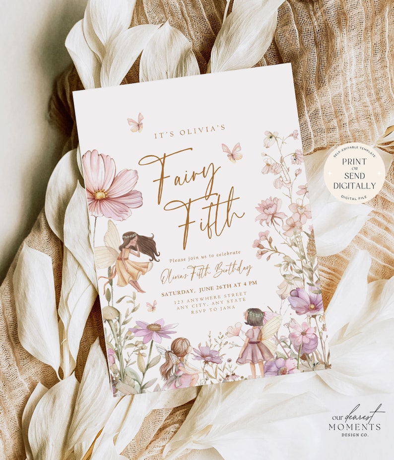 May include: Printable invitation for a fairy-themed fifth birthday party. The invitation features a watercolor illustration of fairies and flowers with the text "It's Olivia's Fairy Fifth" and details for the party.