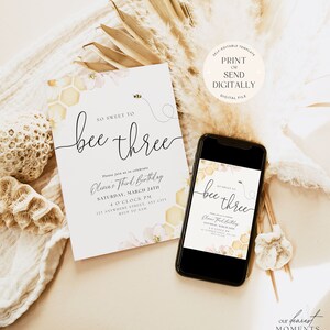 May include: A printable invitation for a child's third birthday party. The invitation features a bee and honeycomb design with the text "So Sweet to Bee Three". The invitation also includes the child's name, the date and time of the party, and the address. The invitation is designed to be printed or sent digitally.