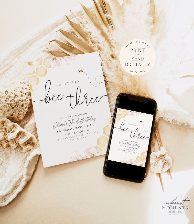 May include: A printable invitation for a child's third birthday party. The invitation features a bee and honeycomb design with the text "So Sweet to Bee Three". The invitation also includes the child's name, the date and time of the party, and the address. The invitation is designed to be printed or sent digitally.