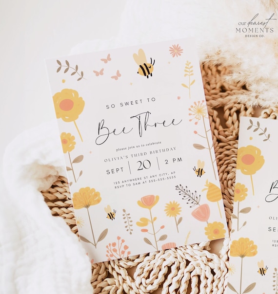 3rd Birthday Invitation Birthday Girl Bumble Bee Party Sweet to Bee Three Third Birthday Invitation Digital Download Editable Template Boho