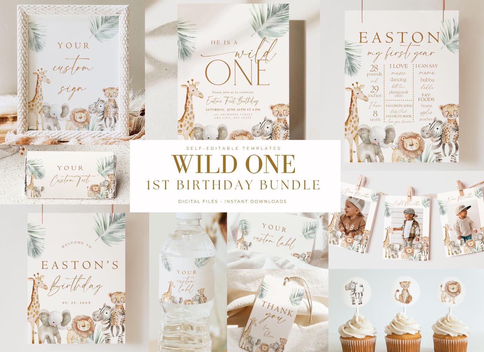 Editable Wild One Boy Birthday Bundle Safari Animal Birthday Package 1st Birthday Invite Set Minimalist Boho First Birthday Jungle 1 st Boys