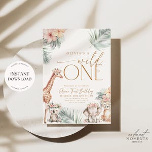 May include: A printable invitation for a first birthday party with a jungle theme. The invitation features a giraffe, elephant, koala, and leopard with pink flowers. The text on the invitation reads "Olivia's a wild one".