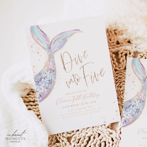 Editable Dive into Five Mermaid Birthday Invitation 5th Birthday Invite Girl Ocean Theme Invite Printable Template Instant Download Boho