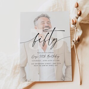 May include: A rectangular birthday invitation card featuring a photograph of a smiling person in a beige blazer. The text reads: fifty, Please join us to celebrate, Greg's 50th Birthday, SATURDAY, JUNE 26TH AT 4 PM, 123 ANYWHERE STREET | ANY CITY, RSVP TO SAM BY APRIL 1ST.