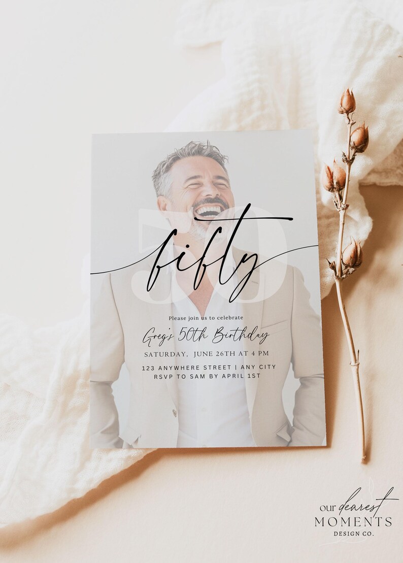May include: A rectangular birthday invitation card featuring a photograph of a smiling person in a beige blazer. The text reads: fifty, Please join us to celebrate, Greg's 50th Birthday, SATURDAY, JUNE 26TH AT 4 PM, 123 ANYWHERE STREET | ANY CITY, RSVP TO SAM BY APRIL 1ST.