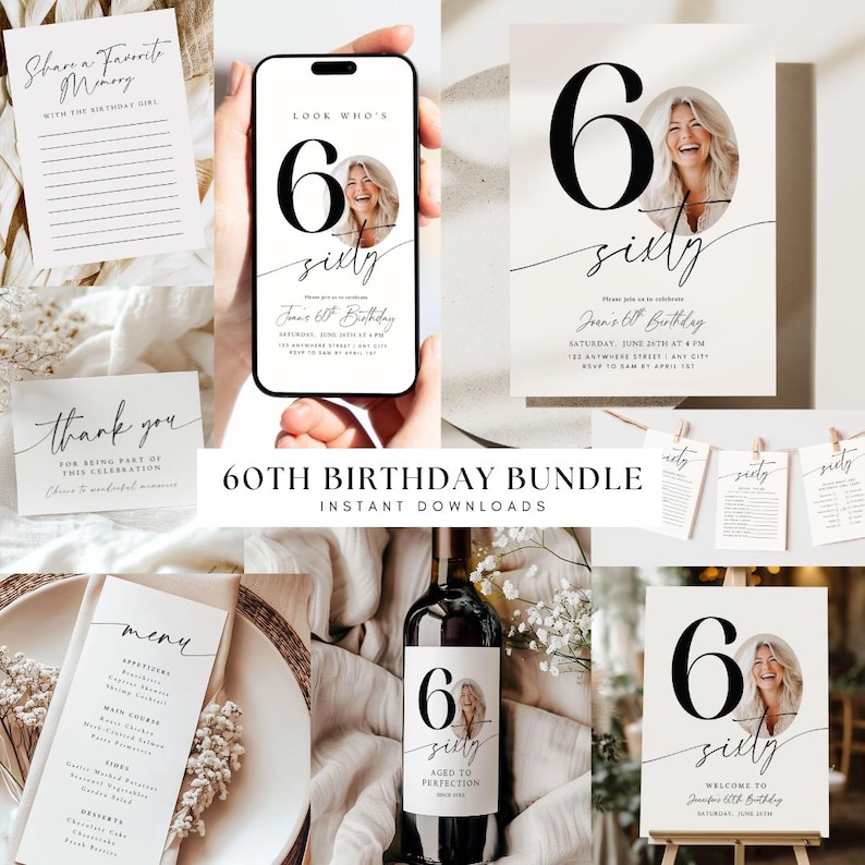 May include: A collection of 60th birthday party supplies, including invitations, a menu, thank you cards, and a wine bottle label. The designs feature a photo of a woman and the text "sixty". The bundle is available as instant downloads.