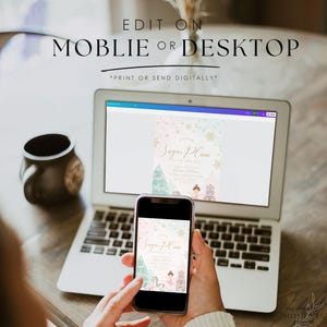 May include: A laptop and smartphone displaying a digital invitation with the text "Little Sugar Plum is on the way." The invitation features a pastel color scheme with illustrations of a Christmas tree, ballerina, and nutcracker.