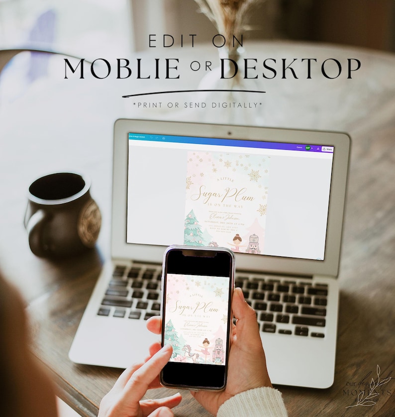 May include: A laptop and smartphone displaying a digital invitation with the text "Little Sugar Plum is on the way." The invitation features a pastel color scheme with illustrations of a Christmas tree, ballerina, and nutcracker.