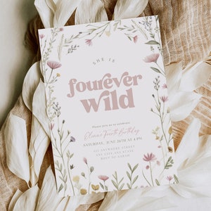 Four-Ever Wild Birthday Invitation Wildflower Birthday Invitation 4th Birthday Invitation Girl Boho Fourth Birthday Invitation For Girl