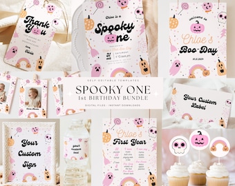 Editable Spooky One Birthday Bundle Halloween 1st Birthday Package First Birthday Girl Instant Download Retro Groovy One Spooktacular Decor