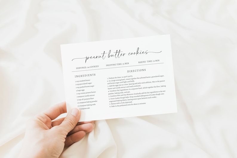 May include: Printable recipe card for peanut butter cookies. The card lists the ingredients and directions for making the cookies. It includes serving size, prep time, and baking time.